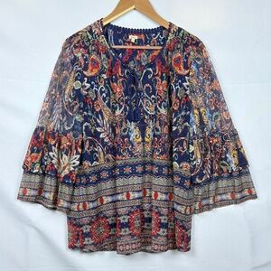 Reba Womens Long Bell Sleeve Peasant Tunic Blouse Sz L Boho Southwestern Lined